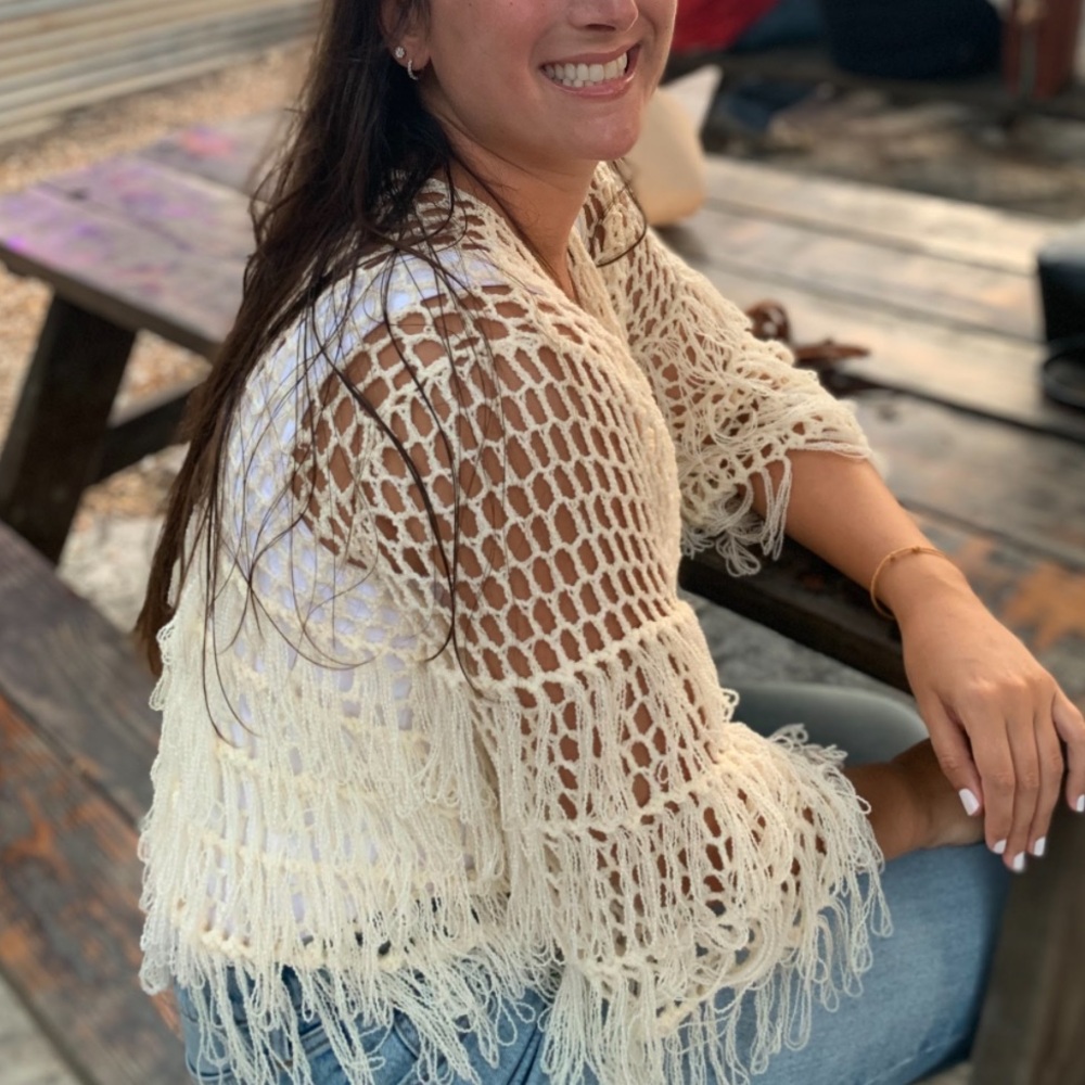 POL Cream Crochet Fringe Sweater